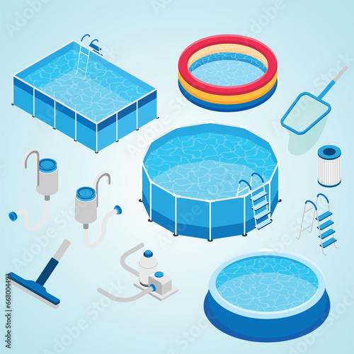 isometric swimming pool equipment set with isolated icons pumps cleanup tools round square pools vector illustration