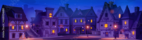 Building in night old medieval germany town street. European ancient city or village landscape with road and mysterious streetlight. Historical cottage exterior and german environment illustration