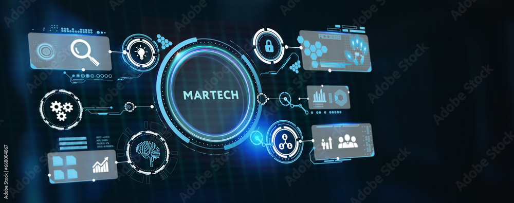 Martech marketing technology concept on virtual screen interface. Business, Technology, Internet and network concept. 3d illustration Martech marketing technology concept on virtual screen interface. Business, Technology, Internet and network concept. 3d illustration
