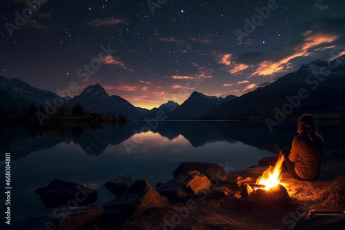 Person sitting at the edge of a tranquil lake with a blazing campfire, AI-generated.
