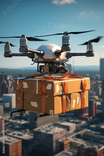 A drone carrying a box. A transport drone transports cargo and shipments to customers. Industrial drone air transport.