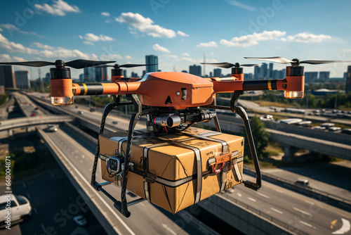 A drone carrying a box. A transport drone transports cargo and shipments to customers. Industrial drone air transport. photo