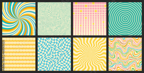 Groovy backgrounds set. Retro groovy collection. 60s and 70s groovy style. Hippie backgrounds. Psychedelic funky. Y2k trendy style. Nostalgia for the 70s.