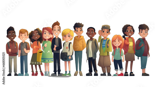 Collection of happy students of various nationalities on transparent background.