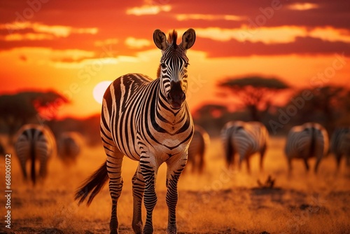 Herd of zebras standing in the meadow at sunset, AI-generated. © Wirestock