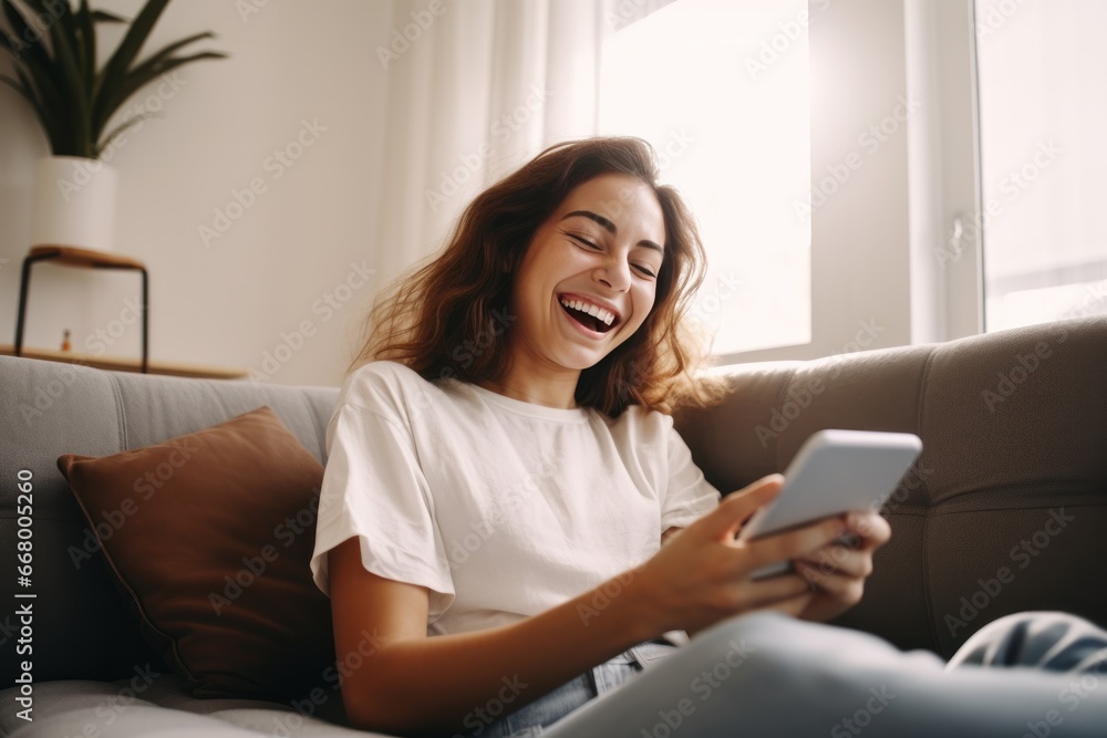 Happy excited young woman relaxing on couch using mobile phone winning in online app game. Young lucky girl feeling winner looking at cellphone, receiving great news or discount offer. Happy excited young woman relaxing on couch using mobile phone winning in online app game. Young lucky girl feeling winner looking at cellphone, receiving great news or discount offer.