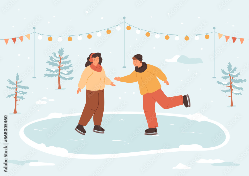 Young people skating in winter forest. Ice rink in park with lights and flags, fir trees. Outdoor activities. Couple, friends walk outside. Christmas village, vector illustration. Young people skating in winter forest. Ice rink in park with lights and flags, fir trees. Outdoor activities. Couple, friends walk outside. Christmas village, vector illustration.