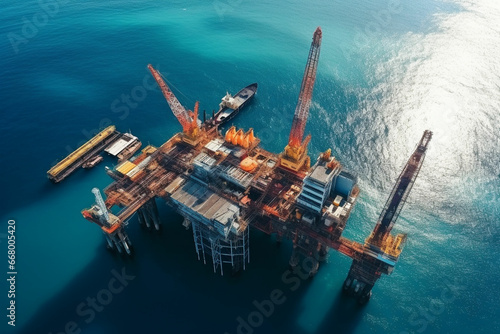 Aerial view of Offshore oil and gas rig construction station platform on the sea. Industry searching for fuel and energy, extract process petroleum and natural gas at ocean beneath seabed