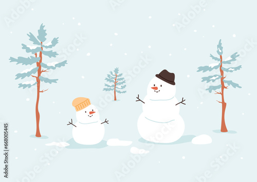 Cute snowman in forest. Winter frozen character with hat. Fir tree, minimal landscape on blue background. Simple vector Christmas illustration.