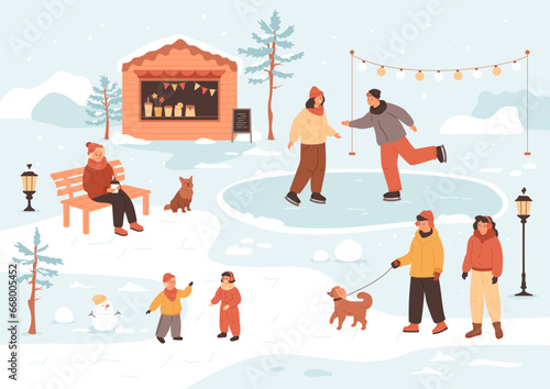 Winter town. People walking in park, children makes snowman, friends skating on rink, woman sitting on bench and drink hot coffee. Family with dog. City life, winter activities. Vector illustration.