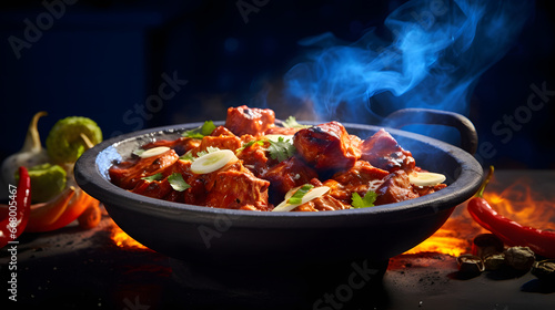 Indian food called "fiery vindaloo" on a ceramic tandoori dish in a traditional Goan restaurant.
