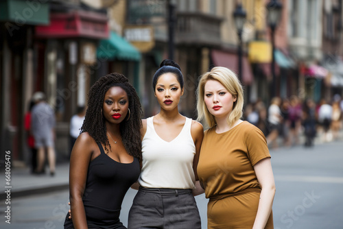 A group of multicultural women posing for a picture on the street.