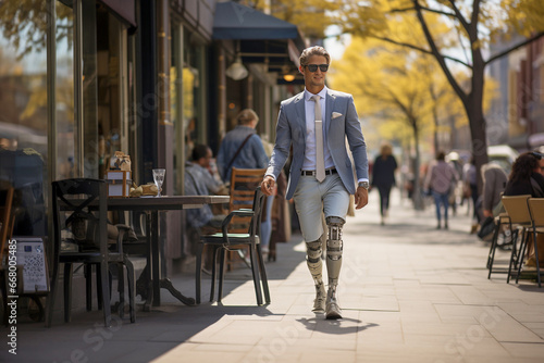 A disabled man with a prosthesis walks on the sidewalk. Elegantly dressed.Artificial robotic leg. photo