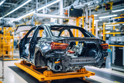 Car production line. Assembling a car on a conveyor belt. Close-up of a car body. Automotive industry Interior of a high-tech factory, modern production.