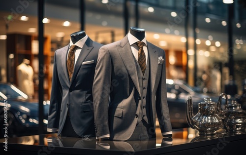 Tailored Suits on Display Men Fashion Store Showcase.