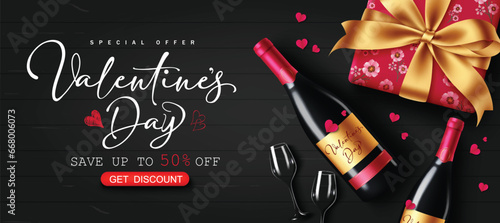 Valentine's day sale text vector banner. Valentine's day special offer discount price with wine bottle and dating couple glass elements for promotion advertisement. Vector illustration hearts day shop