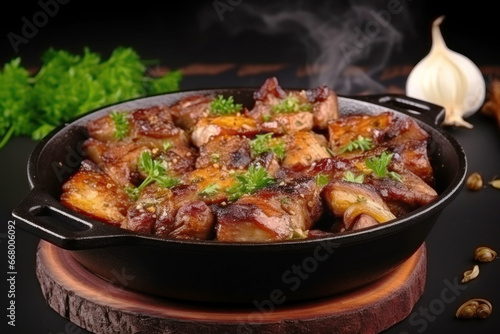 Photo of a delicious and colorful meal with meat and vegetables on a table. Cast iron frying pan with aromatic fried meat. Country homemade food. Meat delicacy.