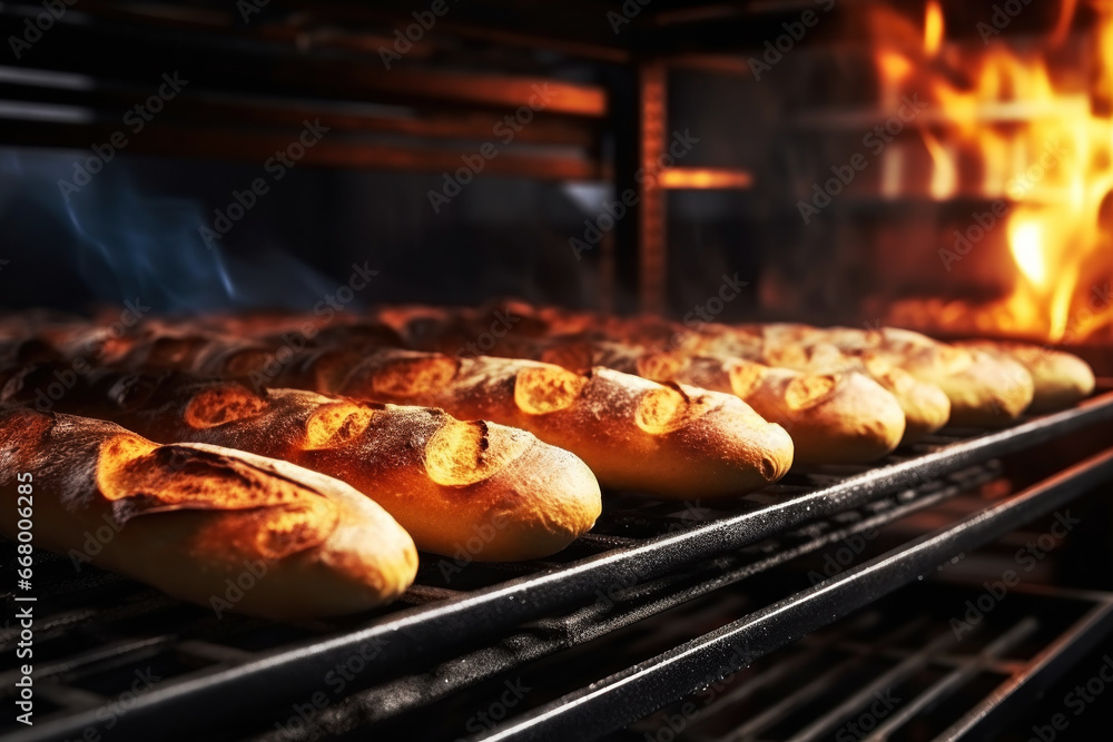Bread in the oven at a bakery. Production and baking of fresh bread. Industrial furnace. Baking bread. Fire, smoke and steam. Close-up.