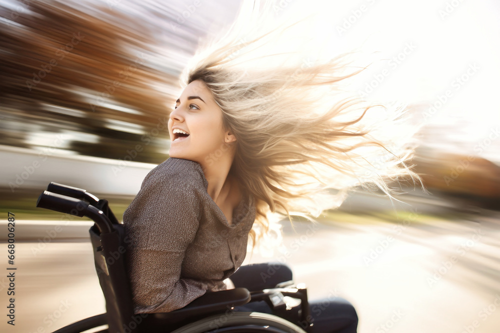 A disabled woman in a wheelchair with her hair blowing in the wind. Speed up and movement. Thirst for life and success. On open air. A disabled woman in a wheelchair with her hair blowing in the wind. Speed up and movement. Thirst for life and success. On open air.