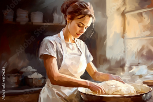 Young woman preparing bread dough in the kitchen. Homemade bread production. Fresh bakery.