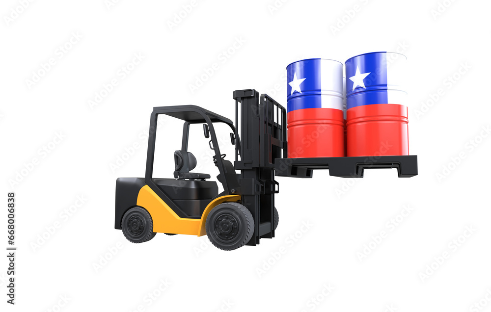 Forklift lifting fuel tank with Chile flag on transparent background, PNG file