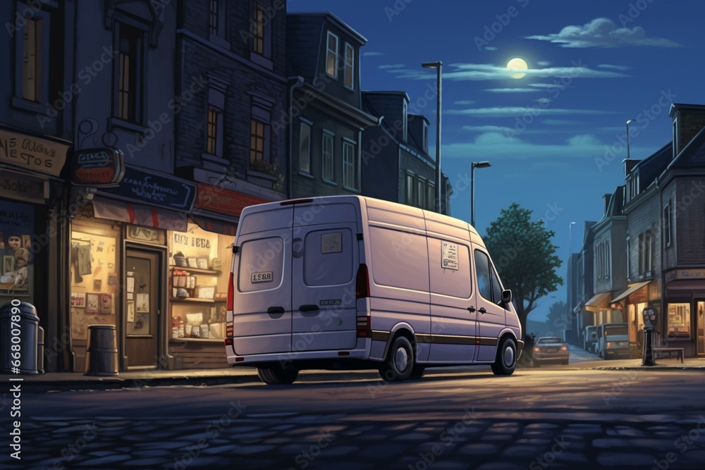 Evening street scene with a white van. Generative AI