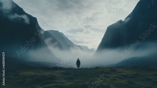 Mountain and Person Standing in the Middle. Freedom, Adventure, Loneliness, Self Awareness Concept 