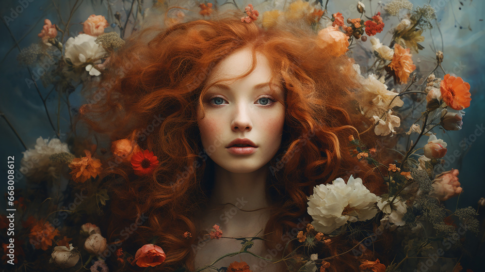 Portrait of red-haired girl with different flowers in her hair Portrait of red-haired girl with different flowers in her hair