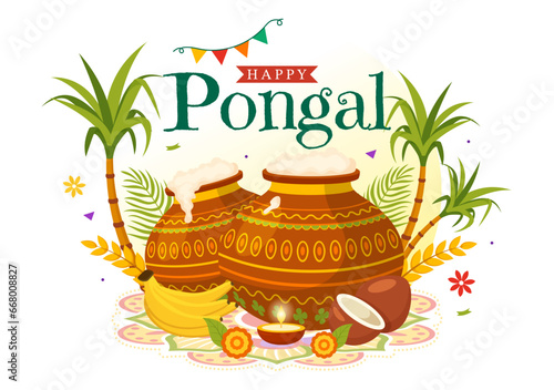 Happy Pongal Vector Illustration of Traditional Tamil Nadu India Festival Celebration with Sugarcane and Plate of Religious Props in Flat Background