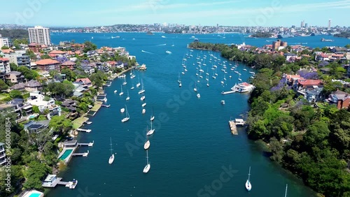 Drone aerial shot Mosman Bay Yachts boat dock ferry wharf Cremorne Point Neutral Bay North Sydney Bradleys Head Taraonga Zoo harbour residential housing apartments tourism CBD NSW Australia 4K photo