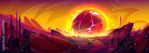 Space landscape with burning asteroid on horizon. Vector cartoon illustration of desert alien planet surface, stone road with rocks, orange hot lava ball in night sky, apocalypse explosion effect