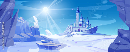 Winter mountain landscape with medieval castle. Vector cartoon illustration of fairytale frozen palace with towers, rocky background covered with ice and snow, snowflakes in air, magic cold kingdom
