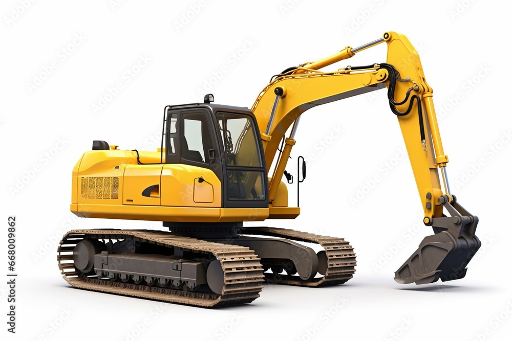 Group of construction equipment: excavator, loader. 3D rendering with shadow on white background. Generative AI