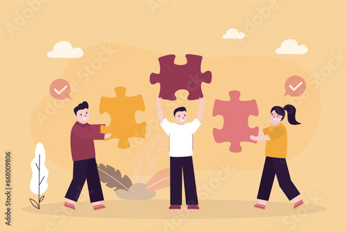 Various kids hold puzzle pieces as together solve problem together and demonstrate teamwork in learning process. Friendly kids learn communication and collaboration to achieve goals