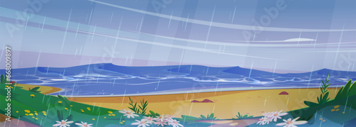 Rainy weather on summer beach. Vector cartoon illustration of wet sandy seashore with stones, green grass and flowers on hills, stormy waves on water, rainfall pouring from cloudy sky, gloomy scenery