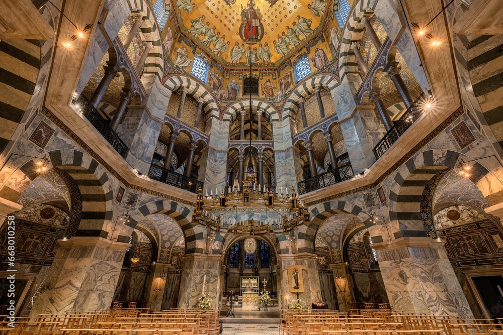 Ornately decorated interior of the Aachen Cathedral in Germany
