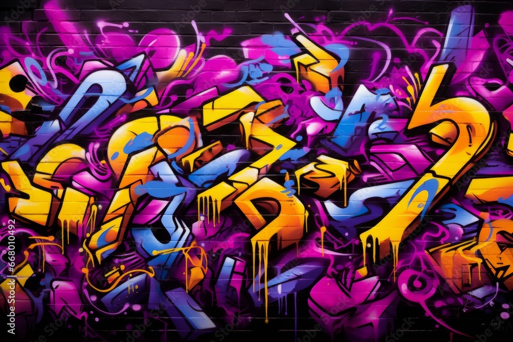 Naklejka premium Graffiti background on a brick wall, black yellow purple