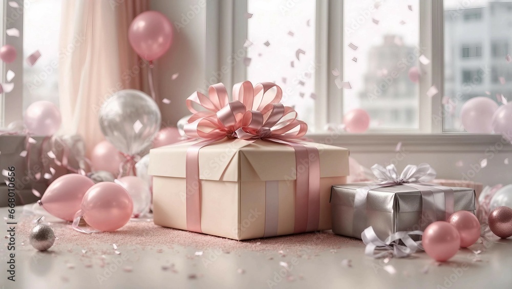 Beautiful pink cake around many balloons and gift boxes, in a large bright room. Generative AI. Beautiful pink cake around many balloons and gift boxes, in a large bright room. Generative AI.