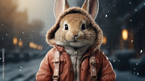 Cute rabbit in a jacket and hood in the snowy winter for the Christmas and New Year holiday