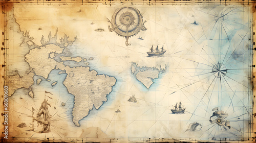 Blue medieval old nautical map background. generative AI. photo