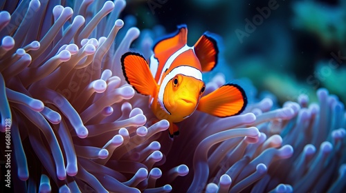 Funny Clown fish hiding on the host anemone coral reef. AI generated image © prastiwi