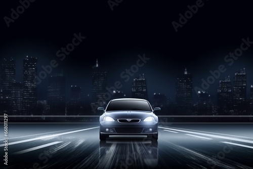 Night scene with car on road, motion blur, and city background. Generative AI