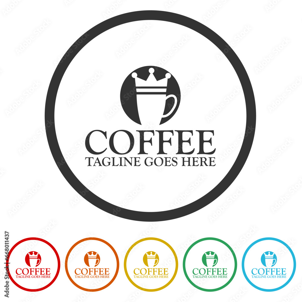 Coffee cup with crown icon. Set icons in color circle buttons