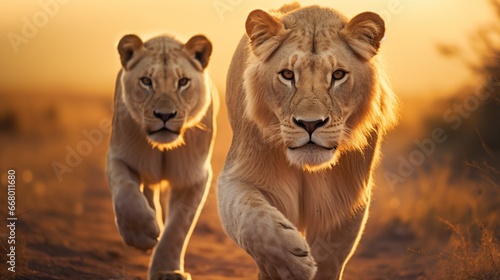 Wild lion couple loving pride of the jungle at summer. AI generated image