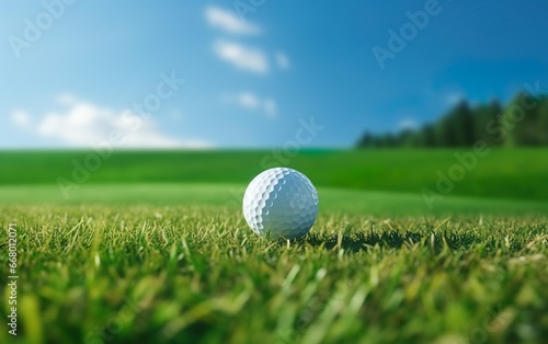 A golf ball on a green grass. Blurred golf field background with blue sky and sunlight. Sport hobby leisure design concept.