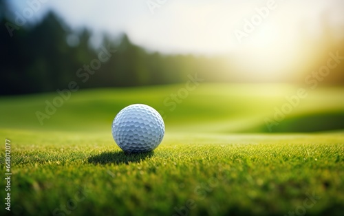 A golf ball on a green grass. Blurred golf field background with sunlight. Sport hobby design concept.