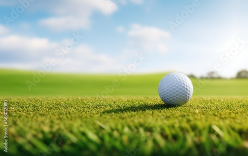 A golf ball on a green grass. Blurred golf field background with blue sky and sunlight. Sport hobby leisure design concept.