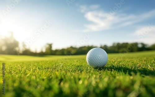 A golf ball on a green grass on a big beautiful golf field. Sport hobby design background.