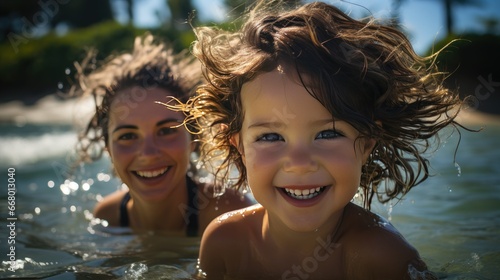 Mother and Daughter Sharing Laughter at the Beach © _veiksme_