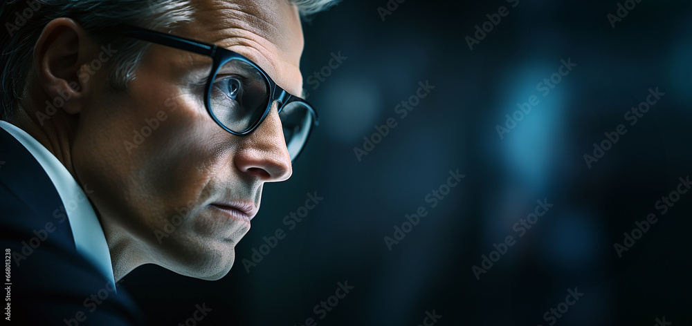 A close-up photograph of a businessman in glasses. Copy space for your text. Image created by Generative AI - obrazy, fototapety, plakaty 